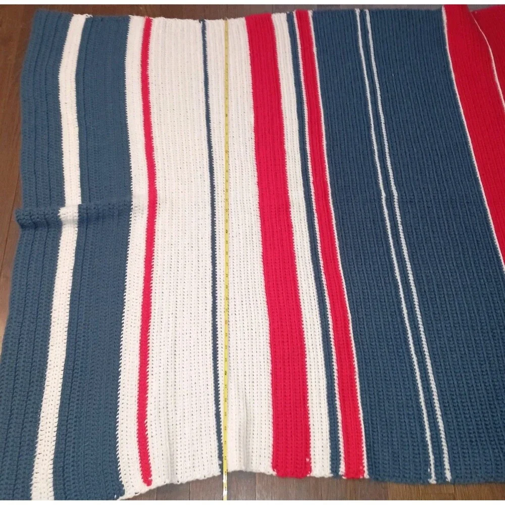Vintage Hand Crocheted Afghan Throw Blanket Patriotic Red White Blue 43 x 53.5